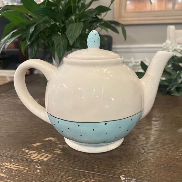 Rae Dunn Artisan Collection by Magena‎ Teapot Pastel Blue Black Polka Dots POUR - Picture 2 of 9